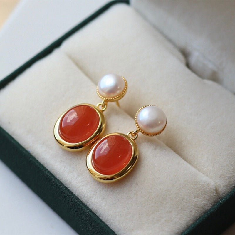 Sheehas Feng Shui Natural Carnelian and Pearl Sterling Silver 18K Gold Plated Earrings - Energy Balance - 我的商店 - 