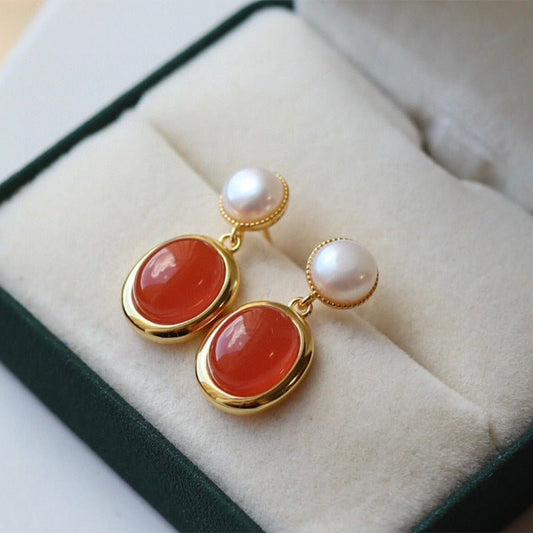 Sheehas Feng Shui Natural Carnelian and Pearl Sterling Silver 18K Gold Plated Earrings - Energy Balance - 我的商店 - 
