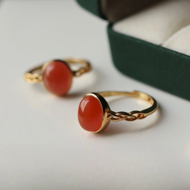 Sheehas Feng Shui Natural Carnelian Sterling Silver 18K Gold Plated Crystal - healing Adjustable Ring - Wealth Attraction - 我的商店 - 