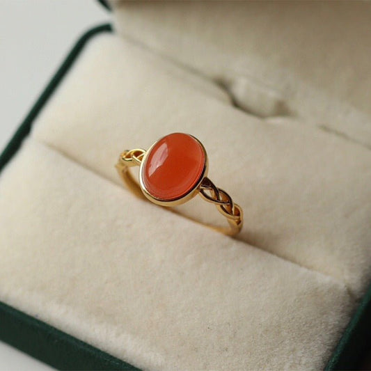 Sheehas Feng Shui Natural Carnelian Sterling Silver 18K Gold Plated Crystal - healing Adjustable Ring - Wealth Attraction - 我的商店 - 