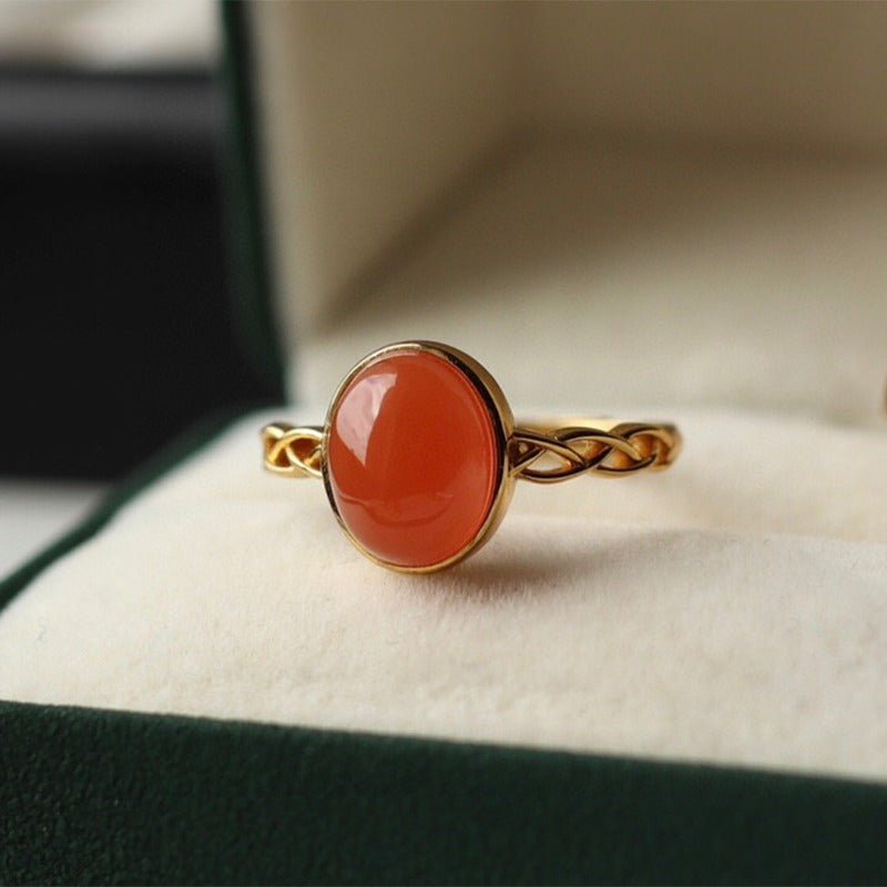 Sheehas Feng Shui Natural Carnelian Sterling Silver 18K Gold Plated Crystal - healing Adjustable Ring - Wealth Attraction - 我的商店 - 