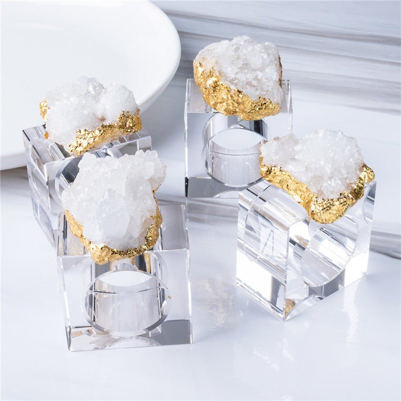 Sheehas Feng Shui Natural Hollow Agate Cluster Gold - Foil - Wrapped Napkin Ring - Spiritual Rhyme Energy Gathering (4 pcs) - 我的商店 - 