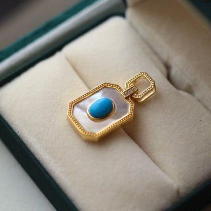 Sheehas Feng Shui Natural Turquoise and White Nacre Sterling Silver 18K Gold Plated Pendant - Lucky Life - 我的商店 - 