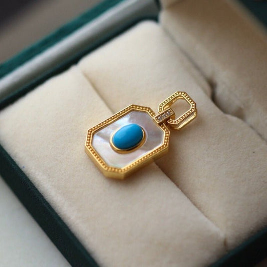 Sheehas Feng Shui Natural Turquoise and White Nacre Sterling Silver 18K Gold Plated Pendant - Lucky Life - 我的商店 - 