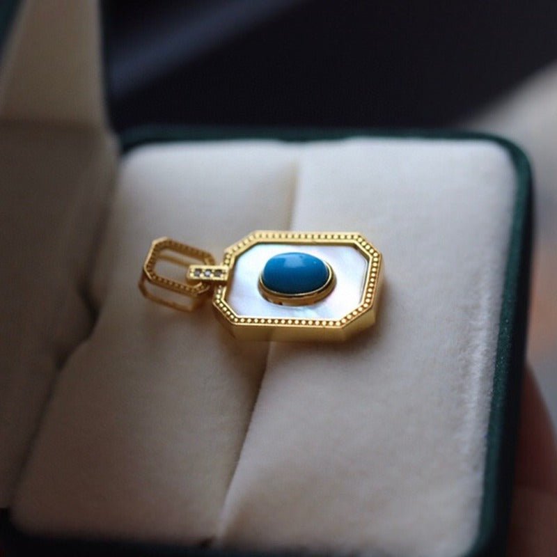 Sheehas Feng Shui Natural Turquoise and White Nacre Sterling Silver 18K Gold Plated Pendant - Lucky Life - 我的商店 - 