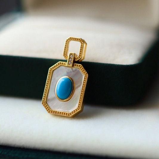 Sheehas Feng Shui Natural Turquoise and White Nacre Sterling Silver 18K Gold Plated Pendant - Lucky Life - 我的商店 - 