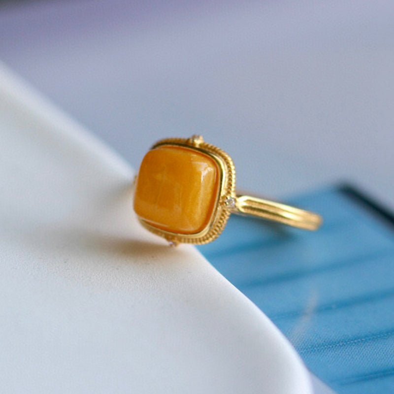 Sheehas Feng Shui Square Natural Amber Sterling Silver 18K Gold Plated Open - end Adjustable Ring - 我的商店 - 