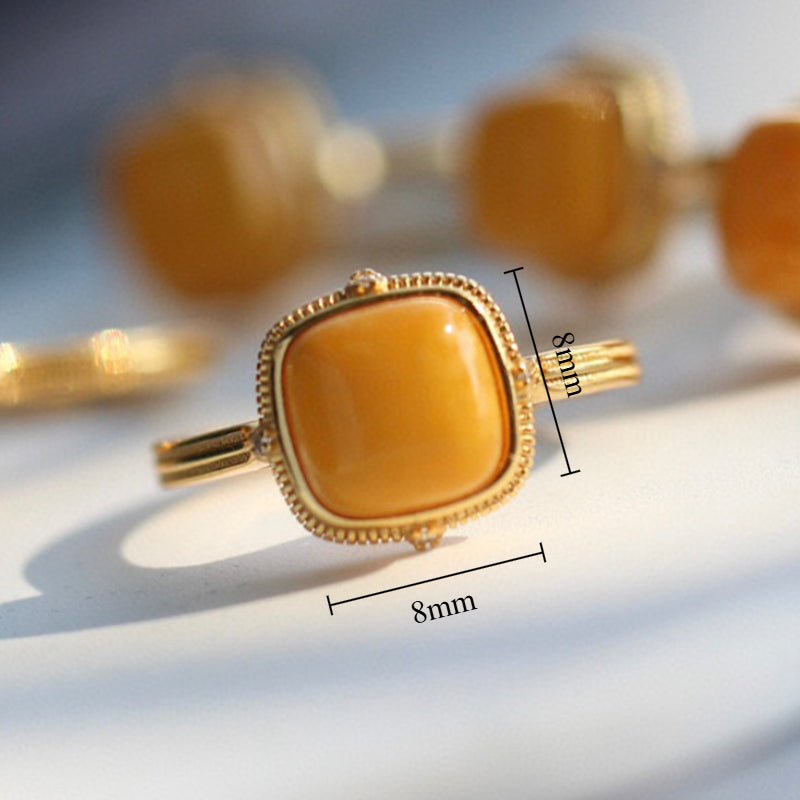 Sheehas Feng Shui Square Natural Amber Sterling Silver 18K Gold Plated Open - end Adjustable Ring - 我的商店 - 