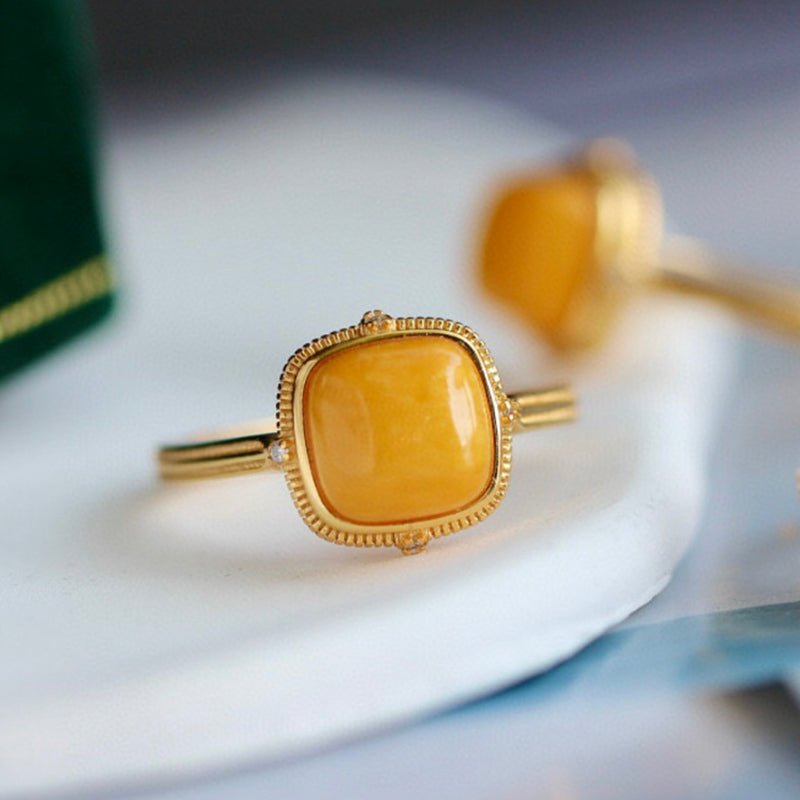 Sheehas Feng Shui Square Natural Amber Sterling Silver 18K Gold Plated Open - end Adjustable Ring - 我的商店 - 