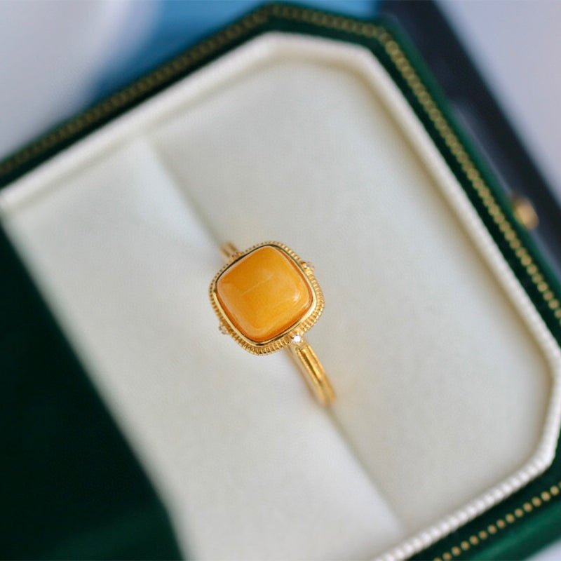 Sheehas Feng Shui Square Natural Amber Sterling Silver 18K Gold Plated Open - end Adjustable Ring - 我的商店 - 