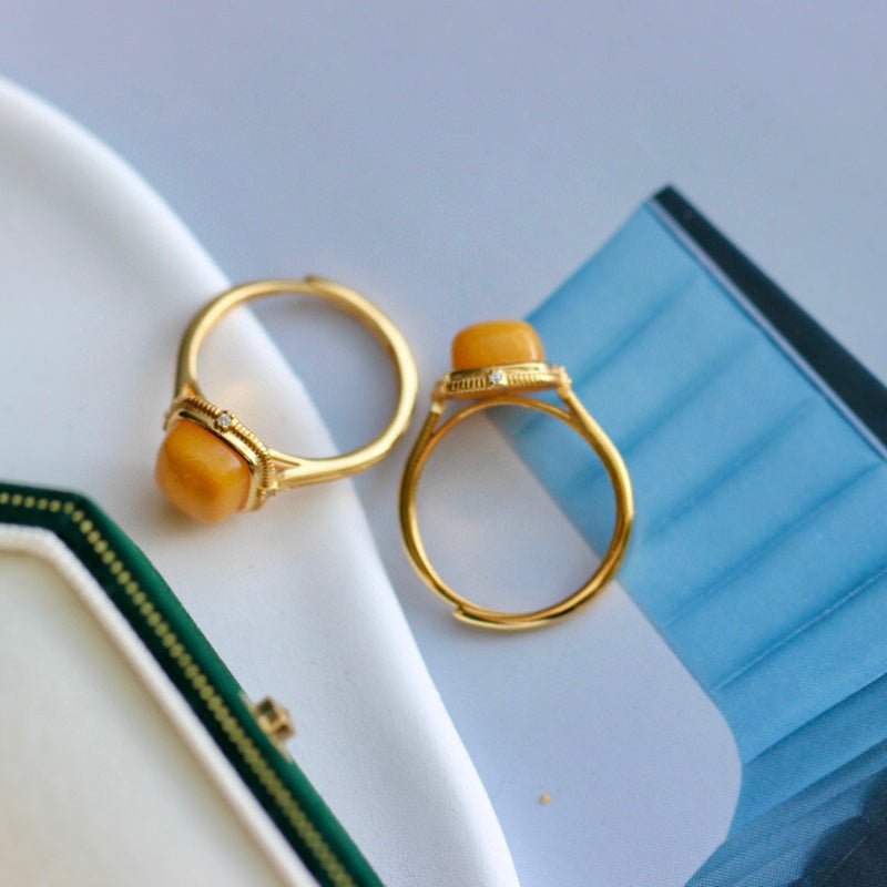 Sheehas Feng Shui Square Natural Amber Sterling Silver 18K Gold Plated Open - end Adjustable Ring - 我的商店 - 