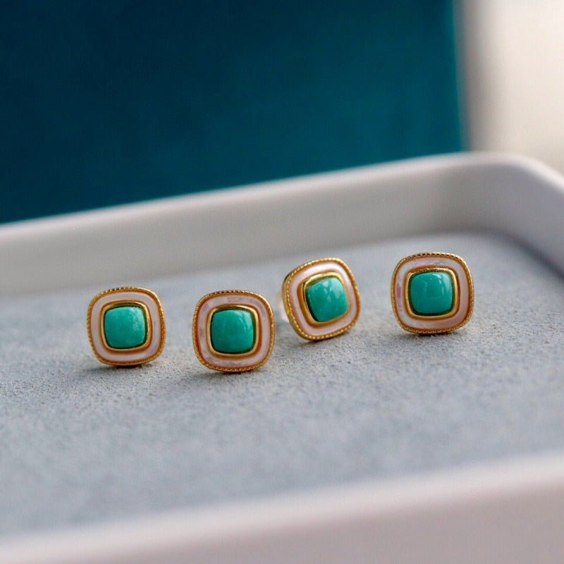 Sheehas Feng Shui Square Turquoise Cabochon Inlaid with White Nacre Sterling Silver 18K - Gold Plated Earrings - 我的商店 - 