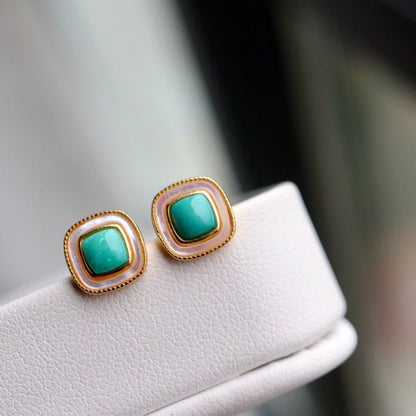 Sheehas Feng Shui Square Turquoise Cabochon Inlaid with White Nacre Sterling Silver 18K - Gold Plated Earrings - 我的商店 - 