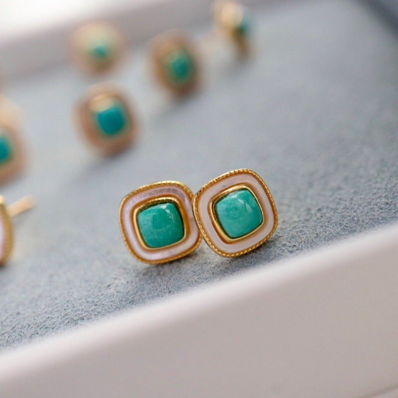 Sheehas Feng Shui Square Turquoise Cabochon Inlaid with White Nacre Sterling Silver 18K - Gold Plated Earrings - 我的商店 - 