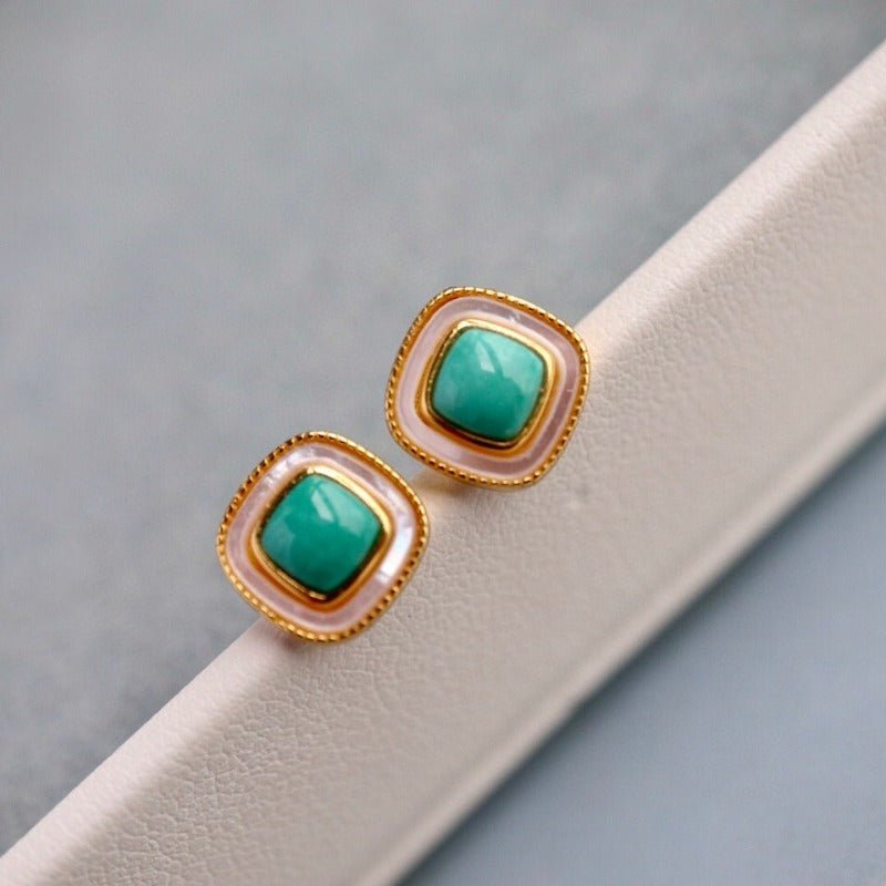 Sheehas Feng Shui Square Turquoise Cabochon Inlaid with White Nacre Sterling Silver 18K - Gold Plated Earrings - 我的商店 - 