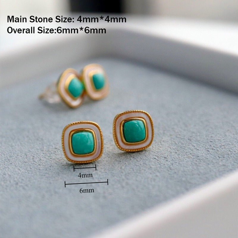 Sheehas Feng Shui Square Turquoise Cabochon Inlaid with White Nacre Sterling Silver 18K - Gold Plated Earrings - 我的商店 - 