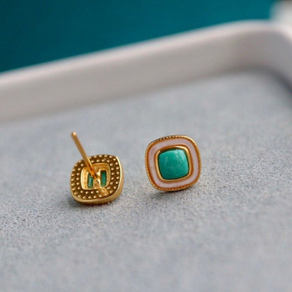 Sheehas Feng Shui Square Turquoise Cabochon Inlaid with White Nacre Sterling Silver 18K - Gold Plated Earrings - 我的商店 - 