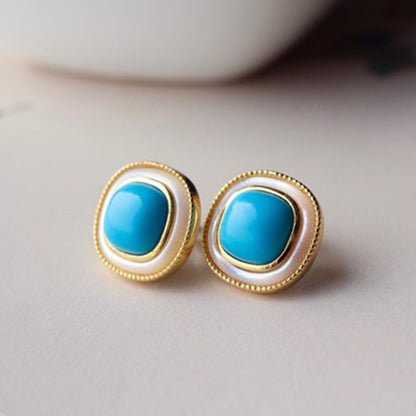 Sheehas Feng Shui Turquoise & White Nacre Sterling Silver 18K Gold Plated Square Cabochon Stud Earrings - Light Up the Lucky Light - 我的商店 - 