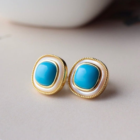 Sheehas Feng Shui Turquoise & White Nacre Sterling Silver 18K Gold Plated Square Cabochon Stud Earrings - Light Up the Lucky Light - 我的商店 - 