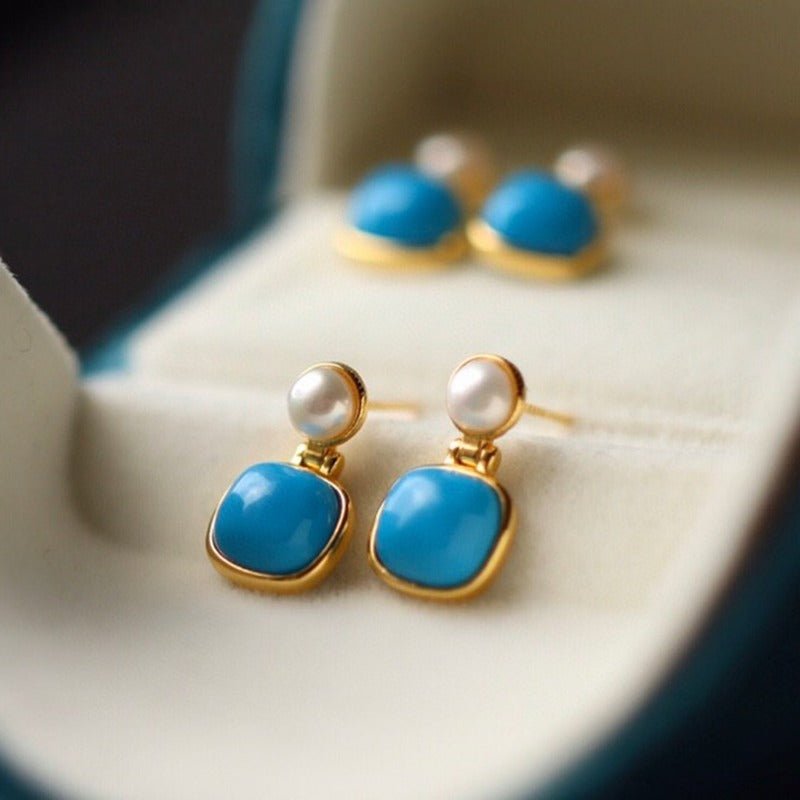 Sheehas Feng Turquoise and Pearl Sterling Silver 18K Gold Plated Earrings - Auspicious Energy - 我的商店 - 