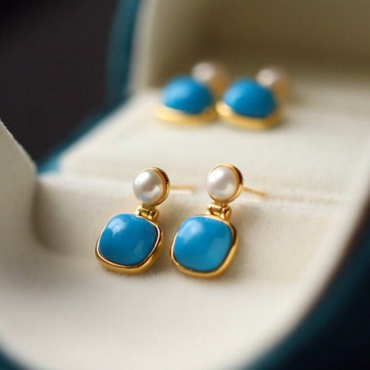 Sheehas Feng Turquoise and Pearl Sterling Silver 18K Gold Plated Earrings - Auspicious Energy - 我的商店 - 