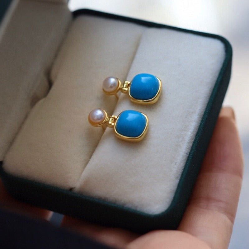 Sheehas Feng Turquoise and Pearl Sterling Silver 18K Gold Plated Earrings - Auspicious Energy - 我的商店 - 