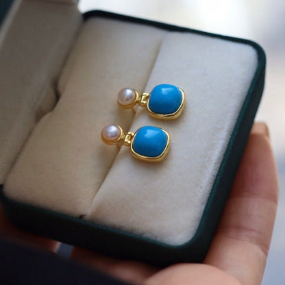 Sheehas Feng Turquoise and Pearl Sterling Silver 18K Gold Plated Earrings - Auspicious Energy - 我的商店 - 