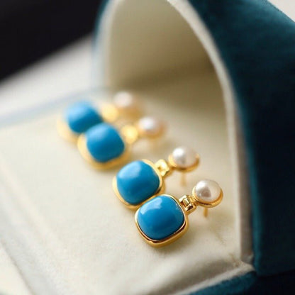 Sheehas Feng Turquoise and Pearl Sterling Silver 18K Gold Plated Earrings - Auspicious Energy - 我的商店 - 