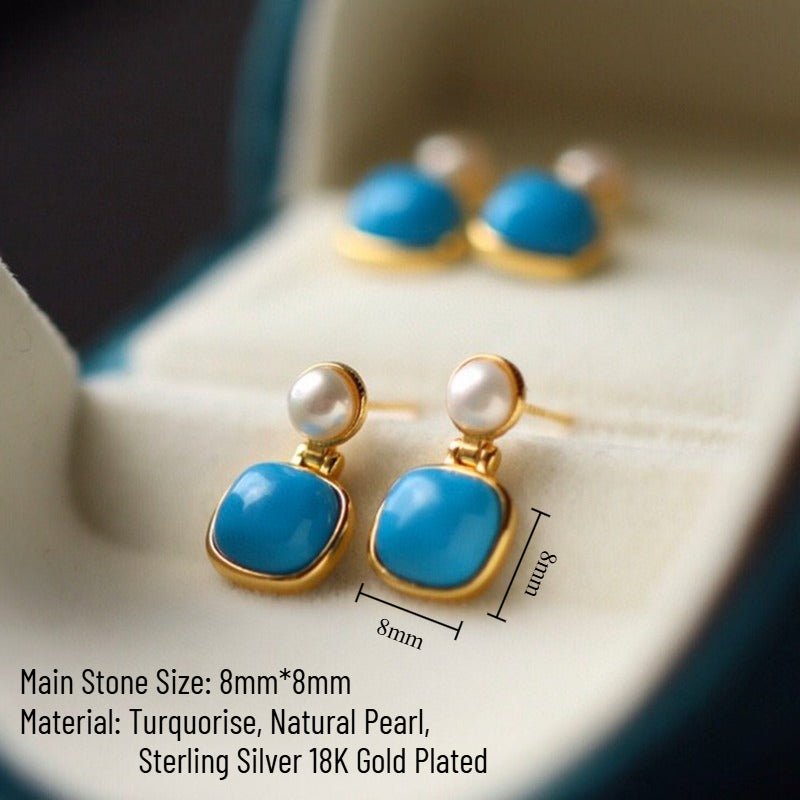 Sheehas Feng Turquoise and Pearl Sterling Silver 18K Gold Plated Earrings - Auspicious Energy - 我的商店 - 