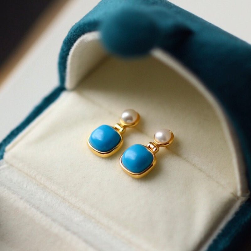 Sheehas Feng Turquoise and Pearl Sterling Silver 18K Gold Plated Earrings - Auspicious Energy - 我的商店 - 