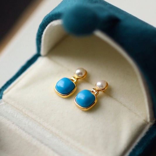 Sheehas Feng Turquoise and Pearl Sterling Silver 18K Gold Plated Earrings - Auspicious Energy - 我的商店 - 