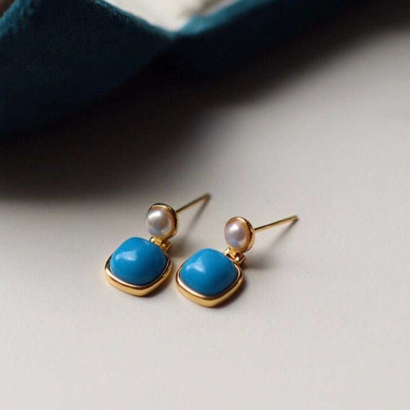 Sheehas Feng Turquoise and Pearl Sterling Silver 18K Gold Plated Earrings - Auspicious Energy - 我的商店 - 