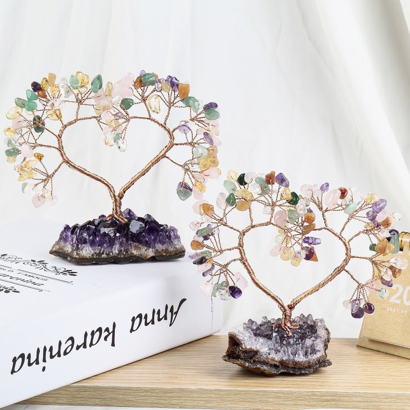 Sheehas Sacred Chakra Crystal Love Heart Tree with Natural Amethyst Cluster Base - 我的商店 - 
